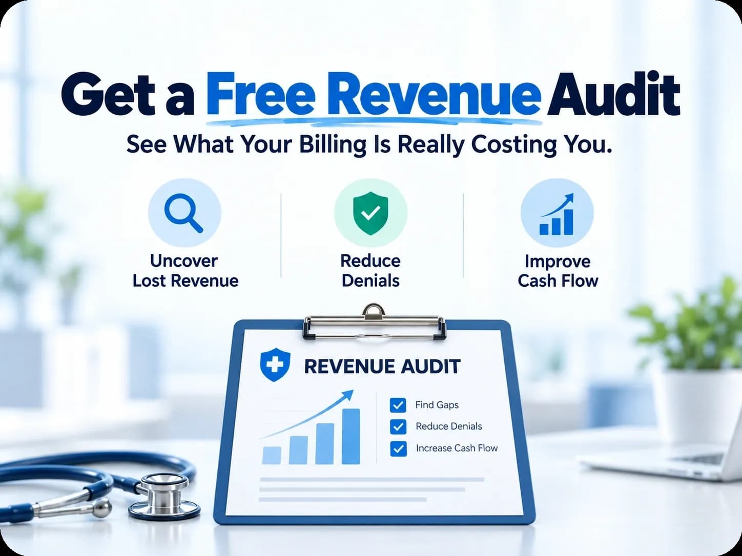 CodeCure AI healthcare revenue audit infographic highlighting billing performance, revenue leakage, claim denials, and financial insights for medical practices.