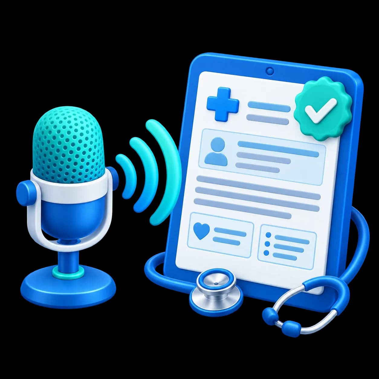 CodeCure AI medical scribe services illustration showing a microphone recording clinical notes into an electronic patient chart.