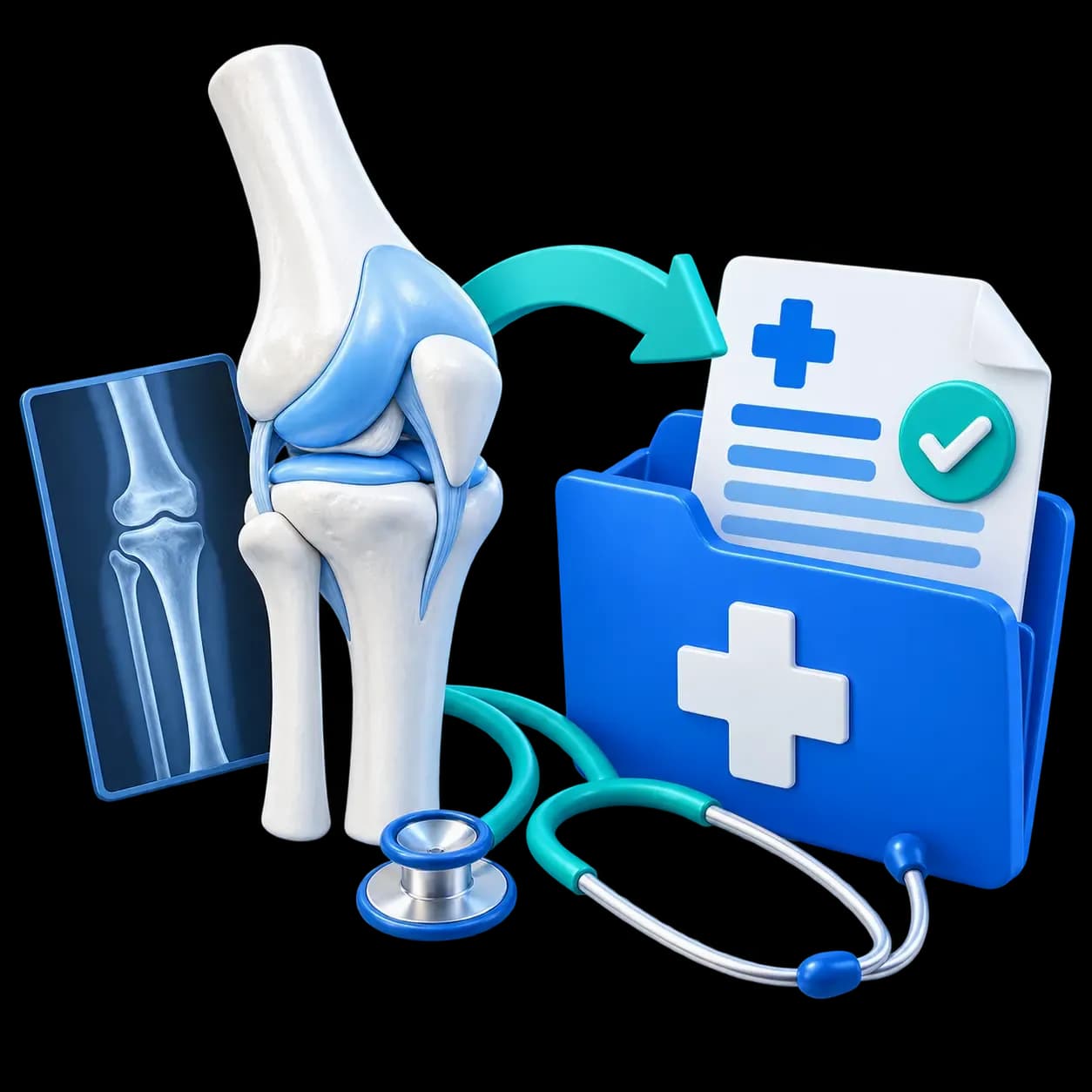 CodeCure AI provides orthopedic billing services for U.S. practices, illustrated by a knee joint, X-ray, and approved medical claim.