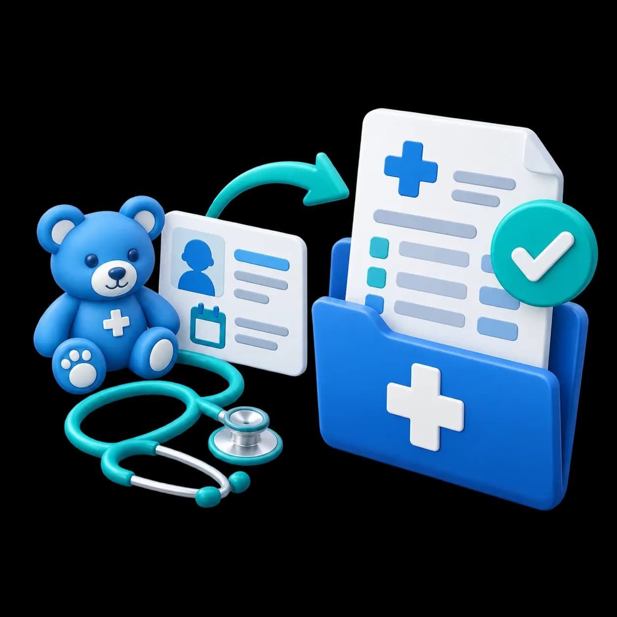CodeCure AI pediatric billing services illustration showing a child’s visit record moving into a verified medical claim.