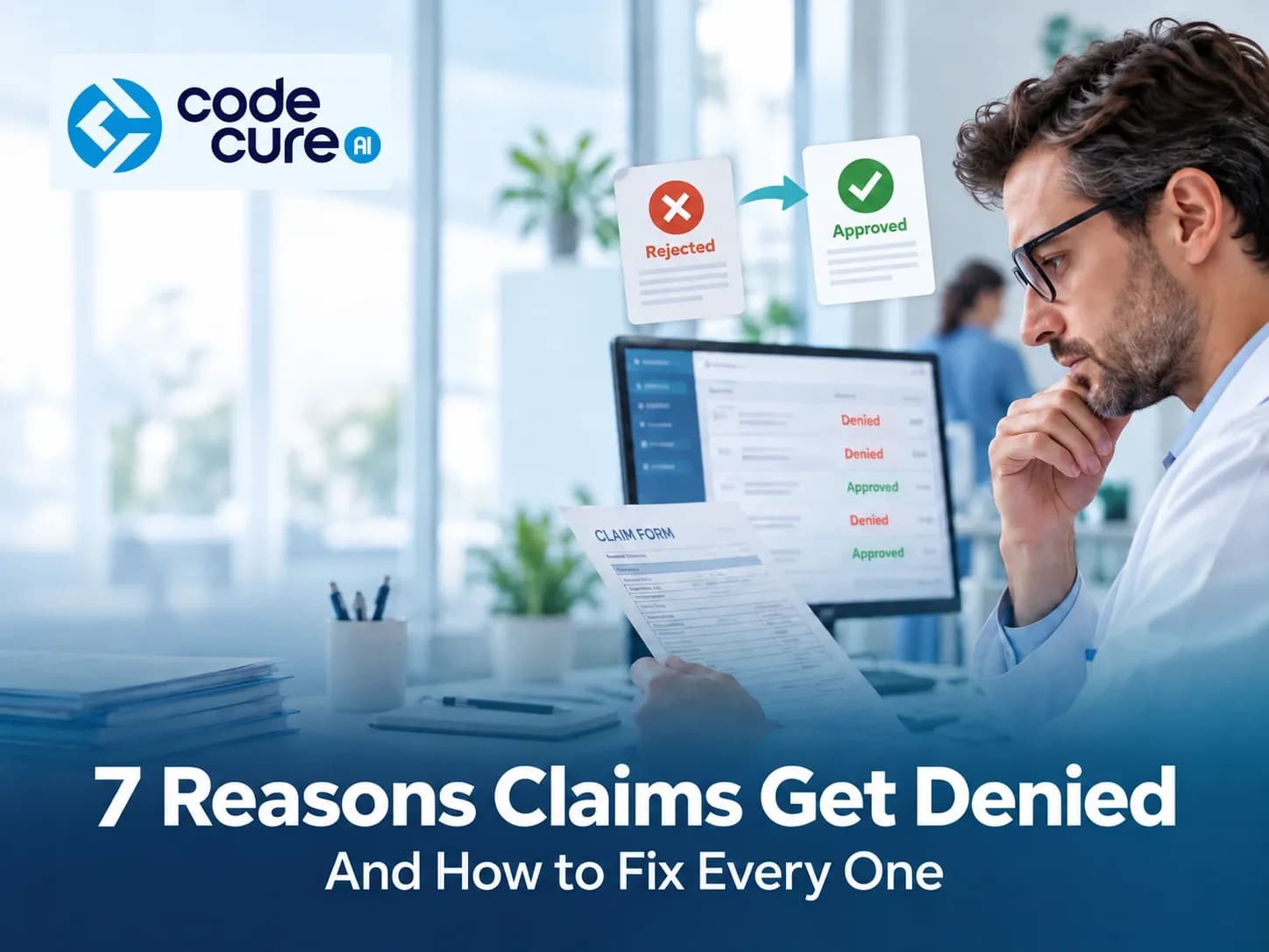CodeCure AI blog featured image, doctor reviewing a denied medical claim next to a claims dashboard showing denied and approved statuses